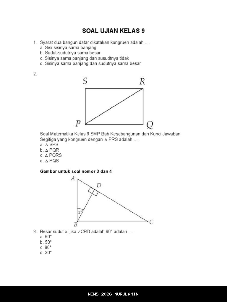 50 soal TKA matematika SMP kelas 9 tahun 2026 dan kunci jawaban tes kemampuan akademik