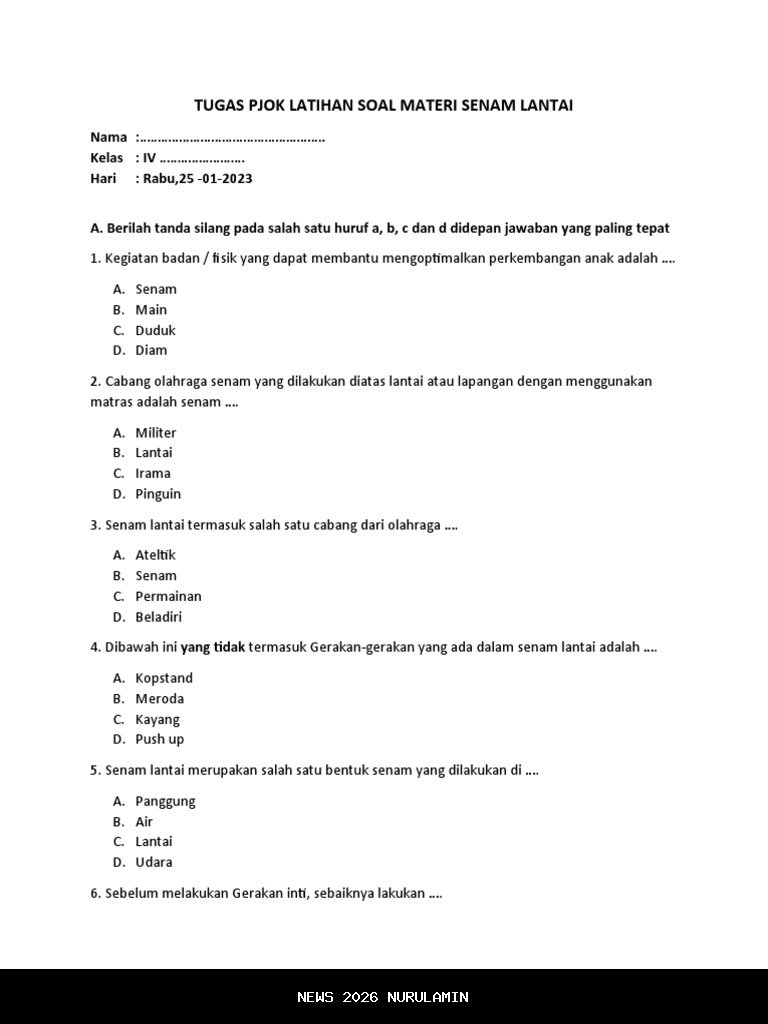 Latihan Soal PJOK Kelas 4 SD Semester 1 2025 dengan Jawaban
