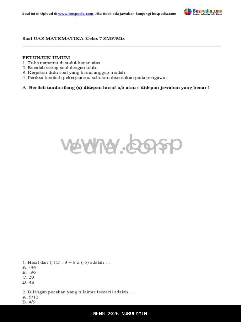 50 Soal PAS Matematika Kelas 7 SMP Semester 2 2026 + Jawaban