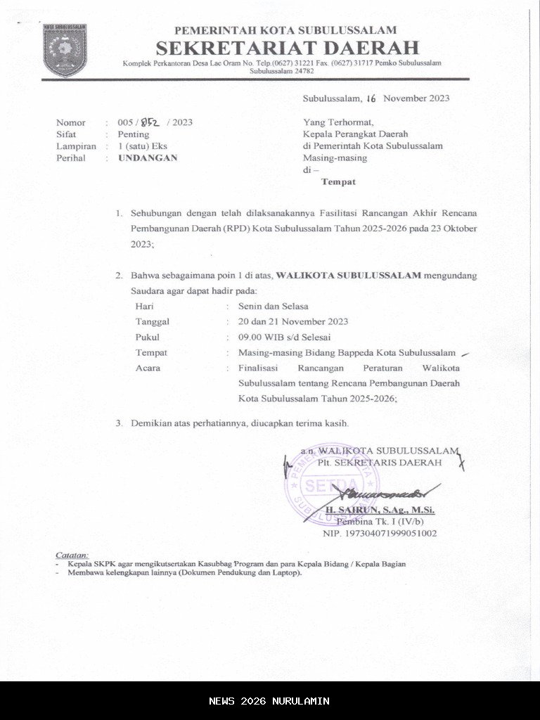 Cuaca Subulussalam 4 Januari 2026: Awan Menutupi Wilayah