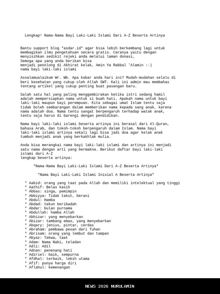 50 Nama Bayi Laki-Laki 2 Kata Tahun 2026 Menurut Islam A-Z
