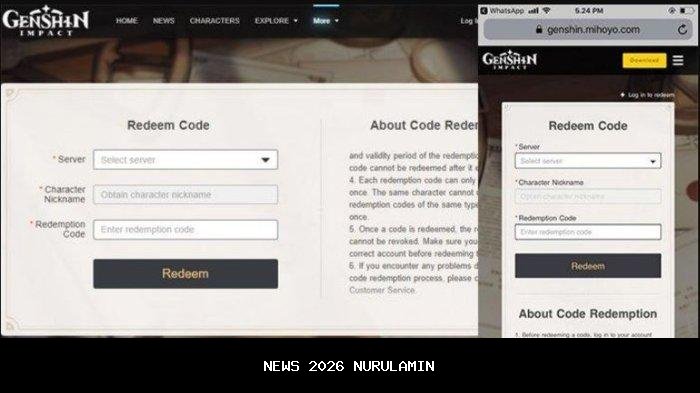 Kode redeem Genshin Impact dari miHoYo 3 Januari 2026