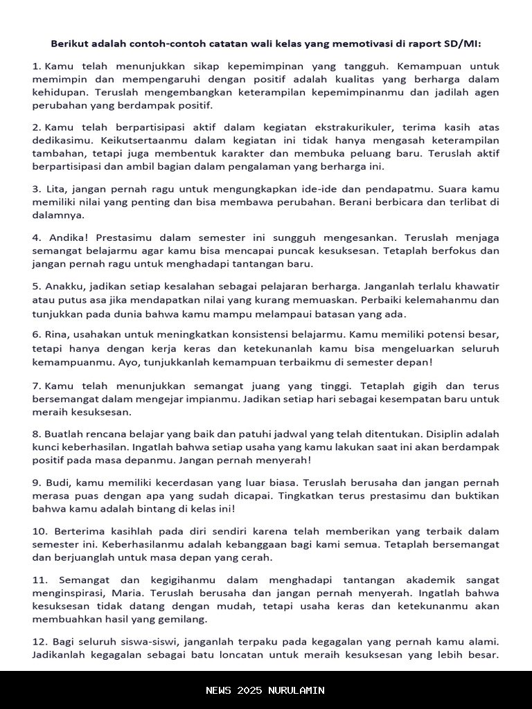 10 Contoh Catatan Rapor yang Menginspirasi, Bangkitkan Semangat Belajar Siswa Gen Z