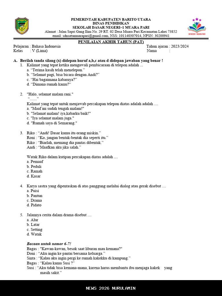 50 contoh soal PAT bahasa Indonesia kelas 5 SD semester 2 lengkap kunci jawaban