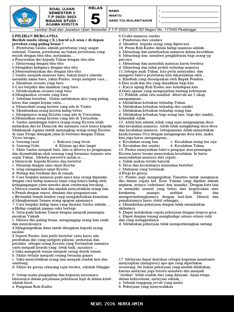 50 Soal Ujian Sekolah USBN Agama Kristen Kelas 9 SMP Terbaru 2026 Lengkap Jawaban Agama Kristen