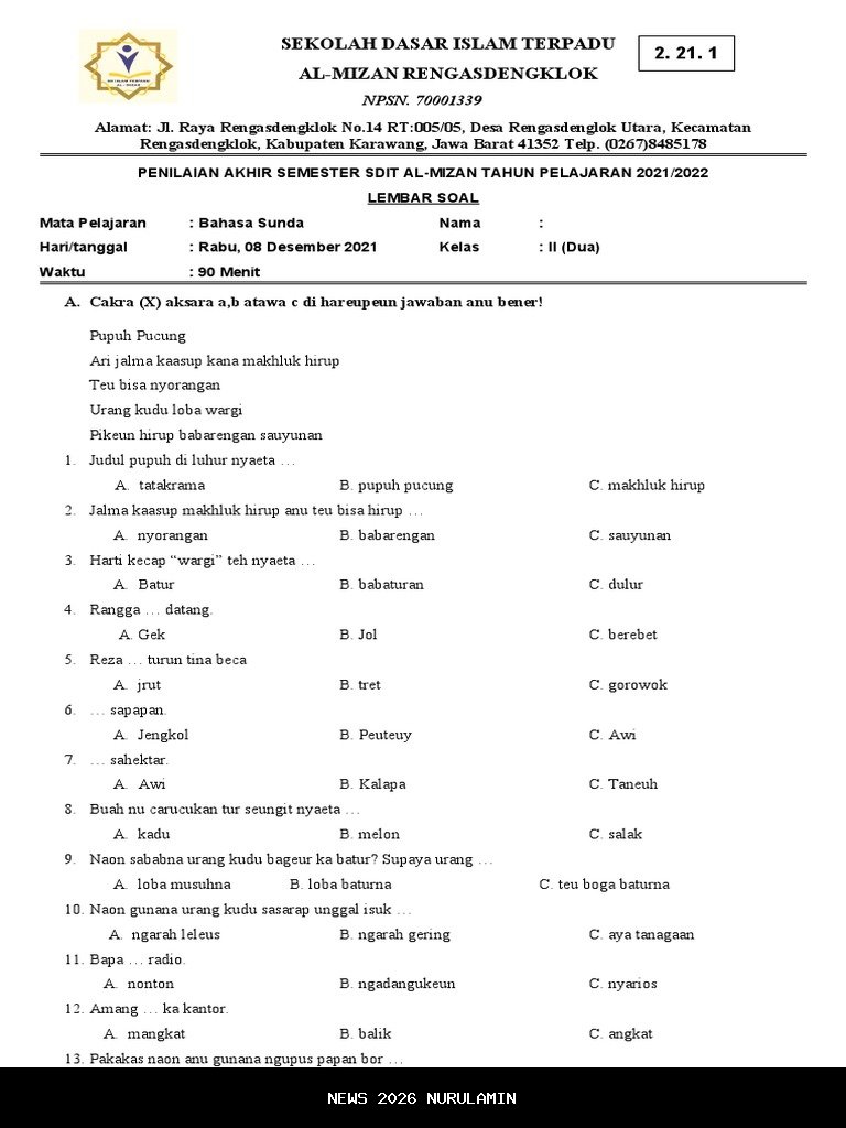 50 Soal Bahasa Sunda Kelas 8 SMP MTs Semester 2 2026 Lengkap Kunci Jawaban