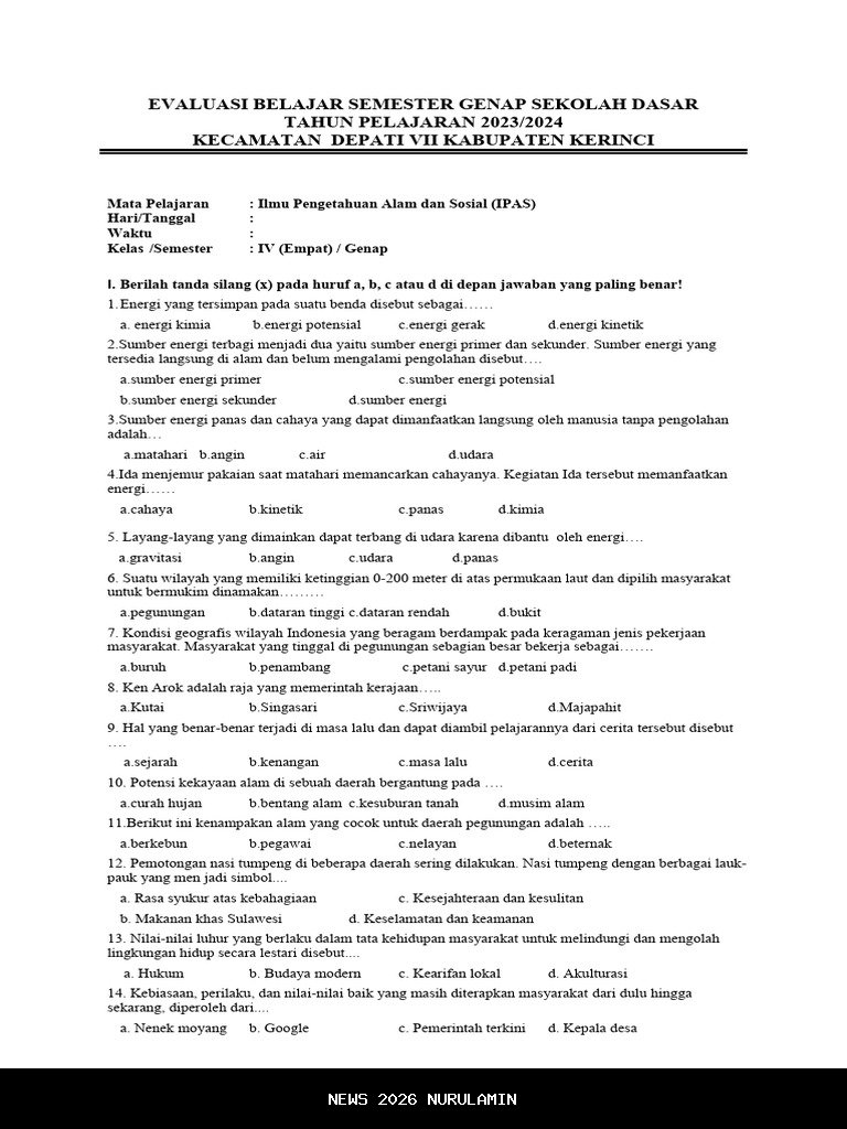 Latihan Soal Esai IPAS Kelas 4 SD Semester 2 Kurikulum Merdeka dengan Kunci Jawaban