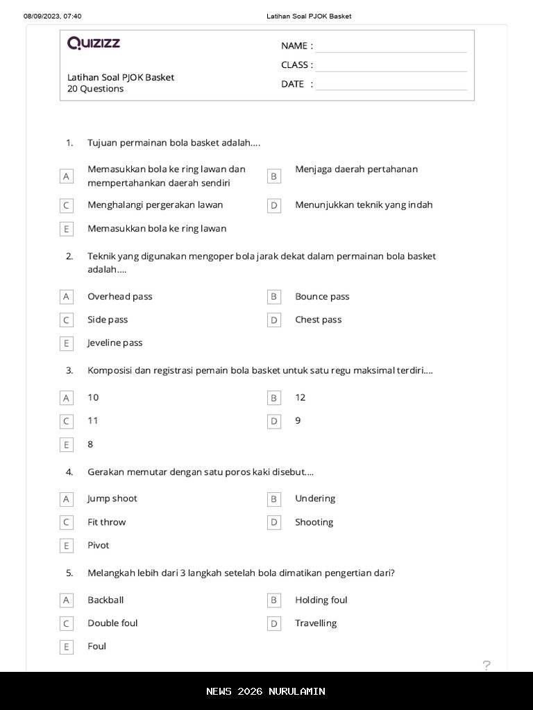 50 Soal Bola Basket PJOK Kelas 9 SMP dengan Kunci Jawaban