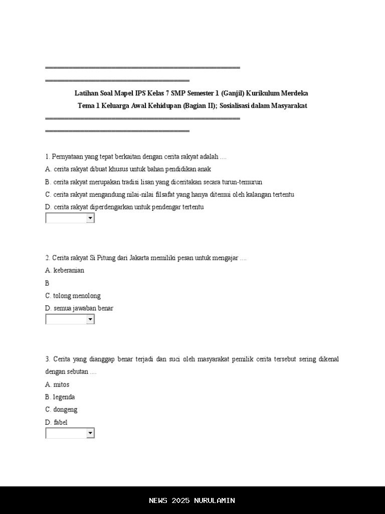 Kisi-Kisi Soal IPS Kelas 7 SMP Semester 1 2025 Lengkap Kunci Jawaban