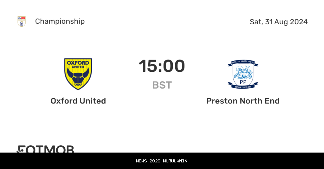 Prediksi Skor Pertandingan Oxford United vs Preston North End di Liga Inggris, 13 Desember 2025 Pukul 19.30 WIB