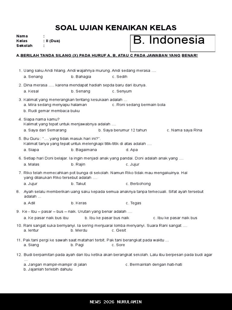 50 Soal Prediksi Bahasa Indonesia Kelas 2 Semester 1 untuk UAS PAT