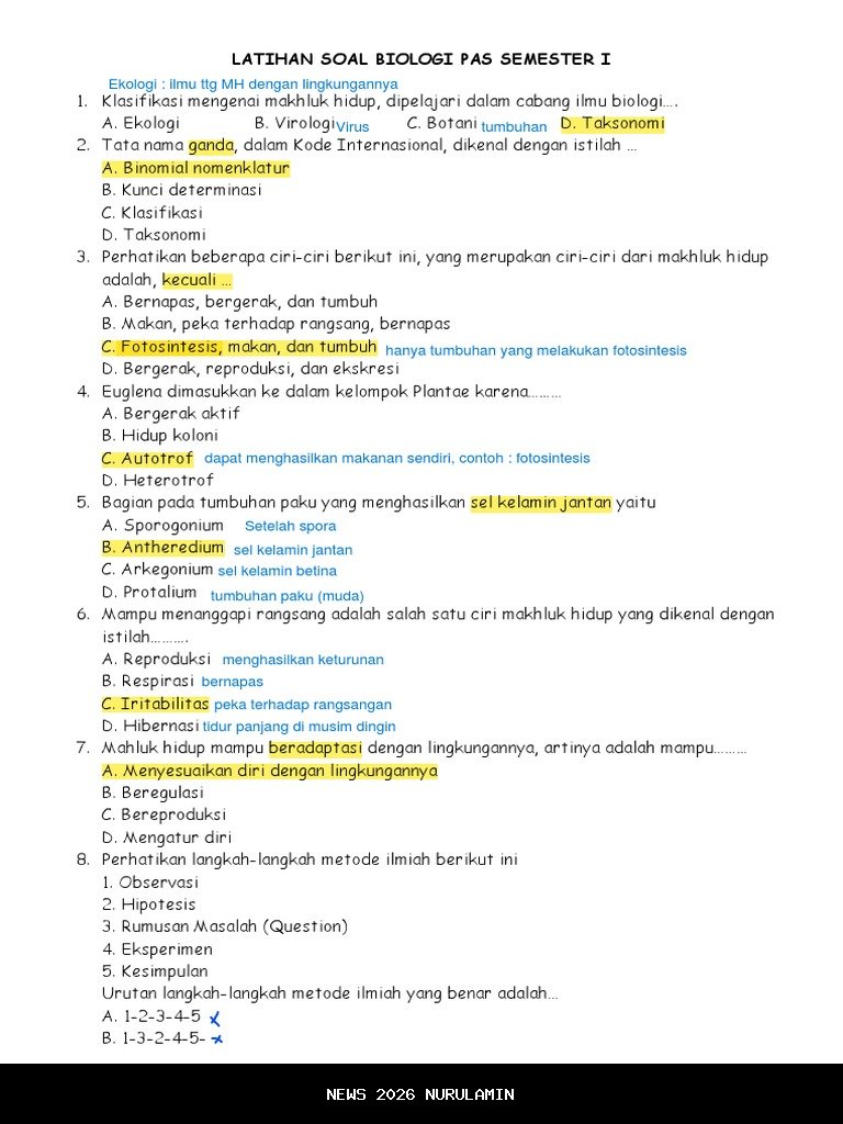 50 Soal PAS Biologi Kelas 10 SMA Semester 1 2025 dengan Jawaban