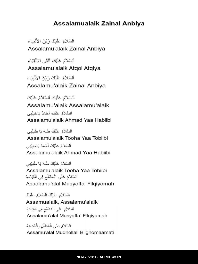 Lirik Lengkap Assalamualaik Zainal Anbiya: Teks Arab dan Terjemahan
