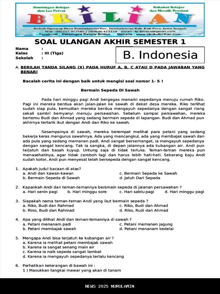 Latihan Soal & Jawaban Bahasa Indonesia Kelas 3 SD Semester 1