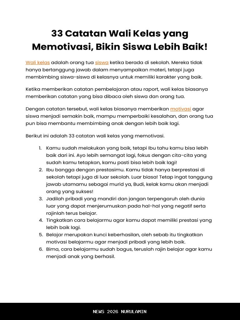 60 Catatan Penting Wali Kelas untuk Siswa yang Sering Alpa dan Bermasalah di Raport Semester 1