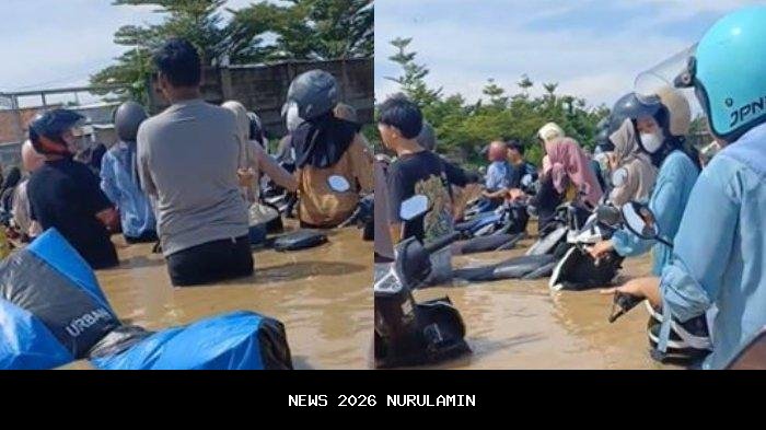 Puluhan Motor Mogok di Jalur Cirebon-Kuningan, Pekerja Pabrik Dorongnya Tengah Banjir