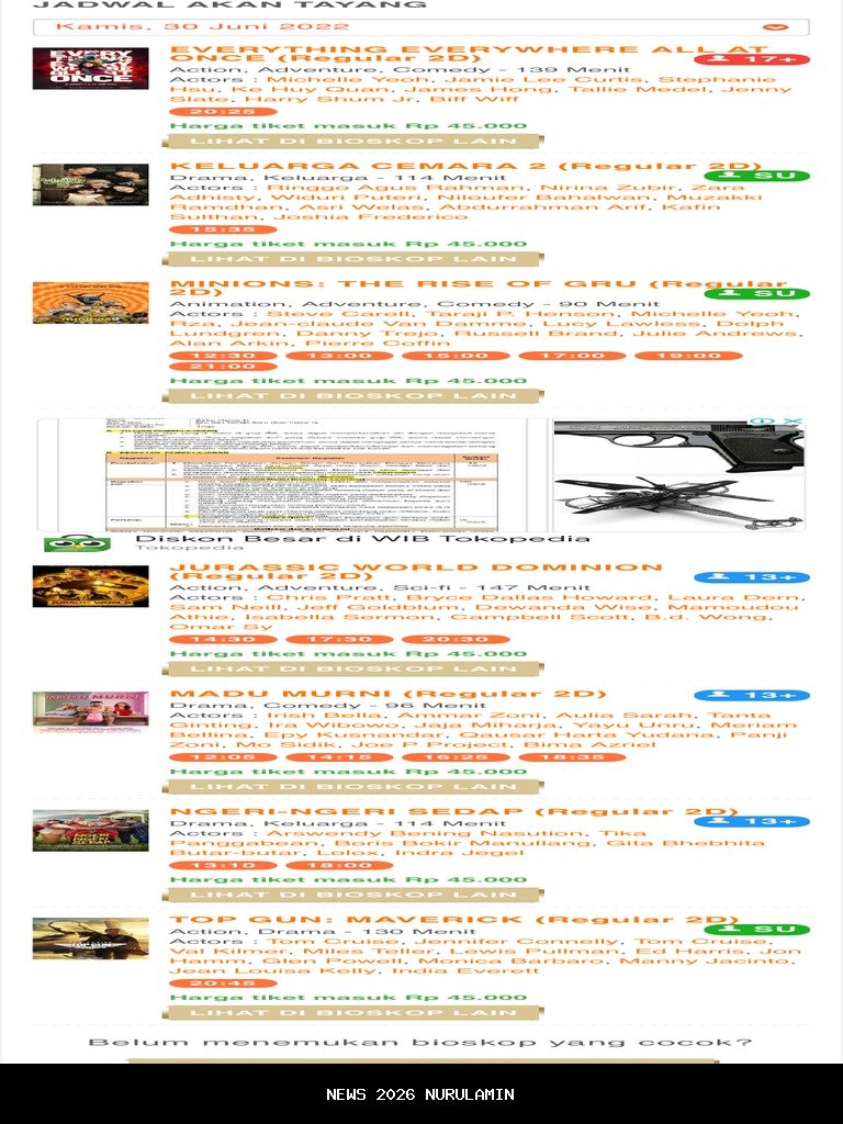 Jadwal film Samarinda hari ini: daftar dan harga tiket