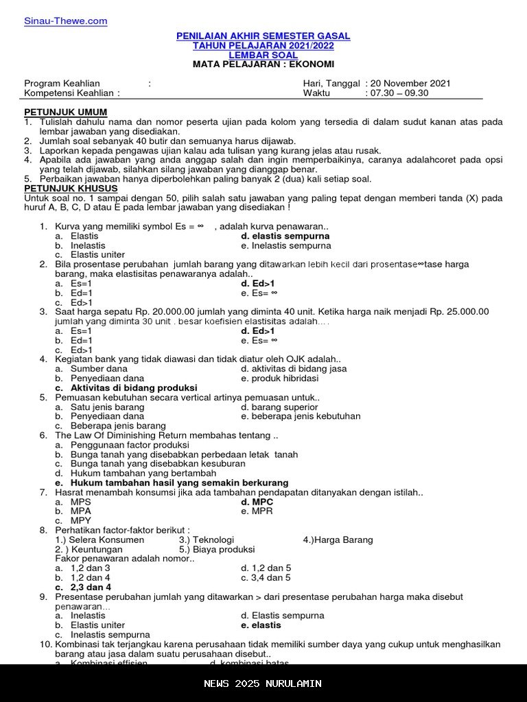 50 Soal PAS Ekonomi Kelas 10 Semester 1 2025 + Jawaban Lengkap