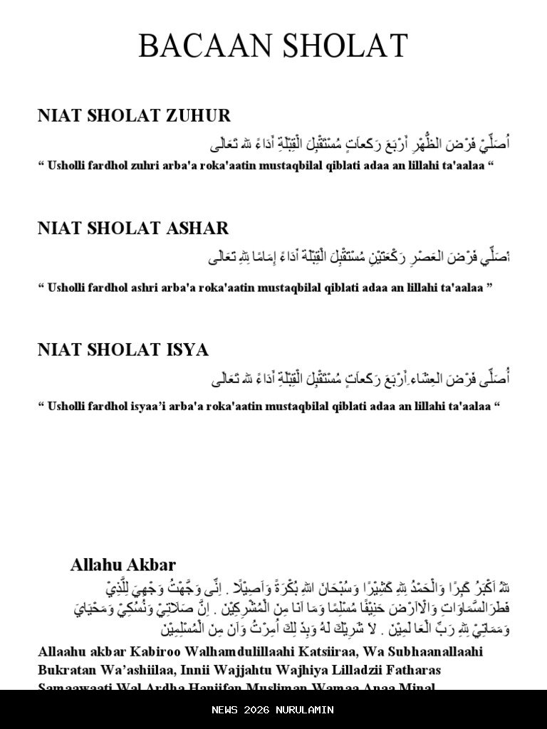 Bacaan niat sholat qashar lengkap waktu zuhur, ashar dan isya