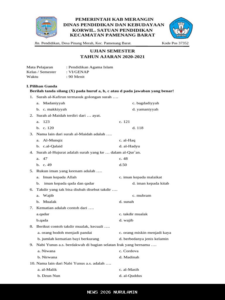 45 Soal PAI Kelas 6 Lengkap Jawaban Ujian Semester 2
