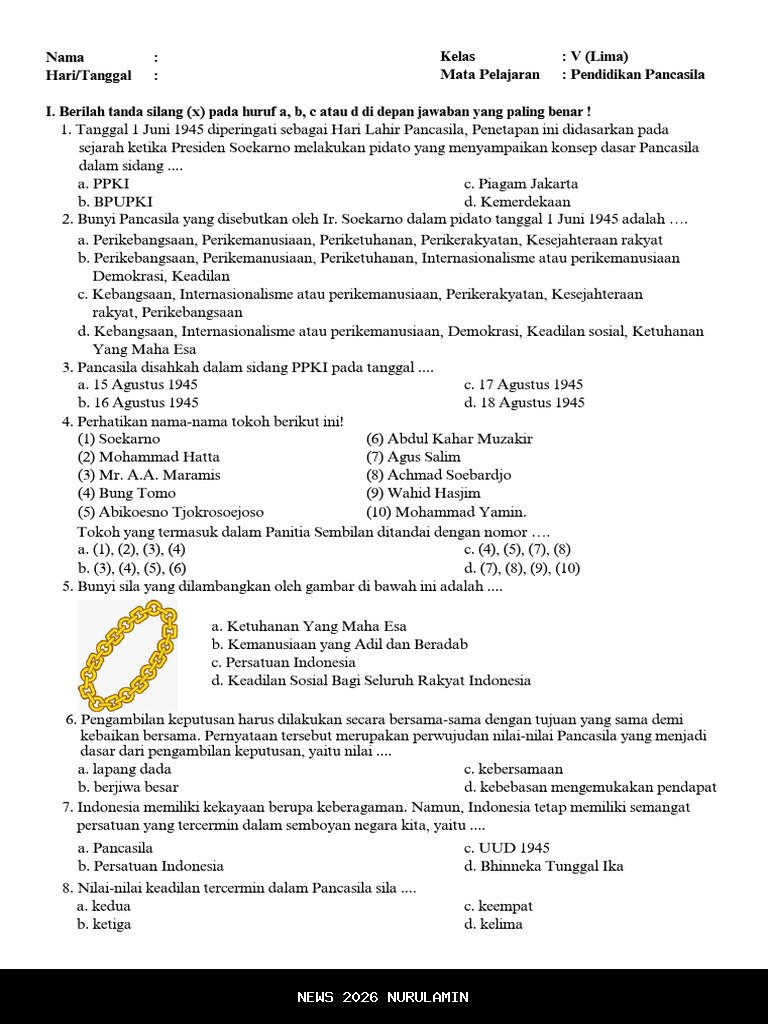 Soal Esai Pendidikan Pancasila Kelas 5 SD Semester 2 Lengkap Kunci Jawaban