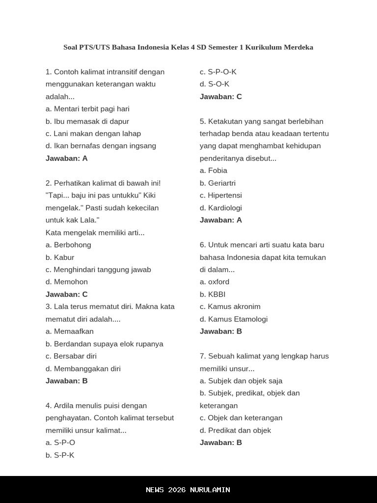 Lengkap! 20 Soal Bahasa Indonesia Kelas 4 Semester 1 Kurikulum Merdeka untuk Latihan