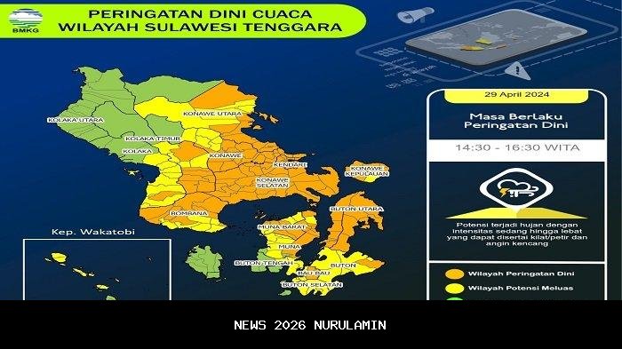 Prakiraan cuaca Sulawesi Tenggara: hujan di Kendari, meluas, berawan di Kolaka