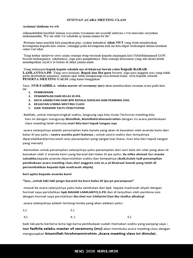 Contoh susunan acara class meeting semester 1 TA 2025/2026