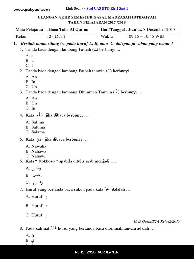 25 Soal BTQ Kelas 2 Semester 1 yang Muncul di UAS PAS Sumatif