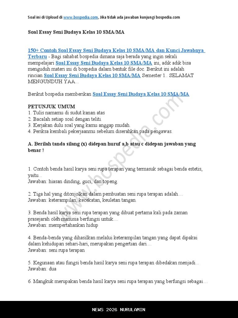 50 Soal Essay Seni Budaya Kelas 10 Terbaru dengan Kunci Jawaban