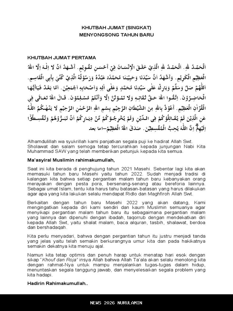 Khutbah Jumat 2 Januari 2026: Menyongsong Tahun Baru dengan Diri yang Lebih Baik