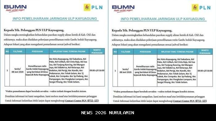 Pemadaman Listrik Palembang dan Ogan Ilir 10 Desember 2025, Cek Wilayah Terdampak