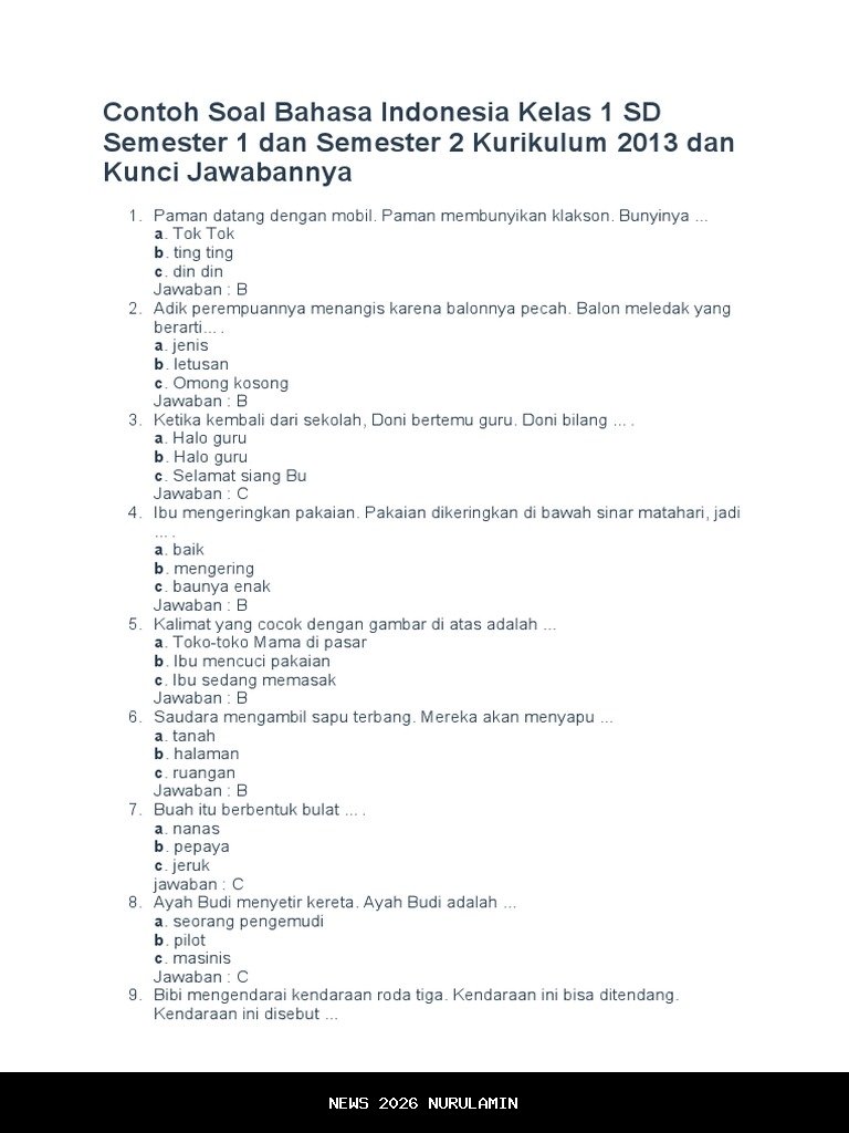 25 Soal Bahasa Indonesia Kelas 1 SD Semester 2 dan Jawaban