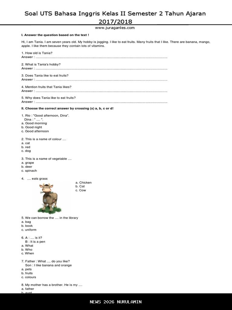Soal PAS Bahasa Inggris Kelas 2 Semester 1 untuk Sukses Ujian Akhir Semester