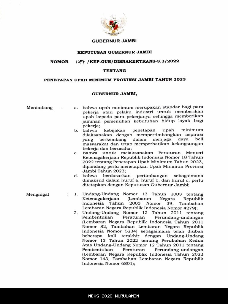 Daftar UMP, UMK, dan UMSK Jambi Tahun 2026
