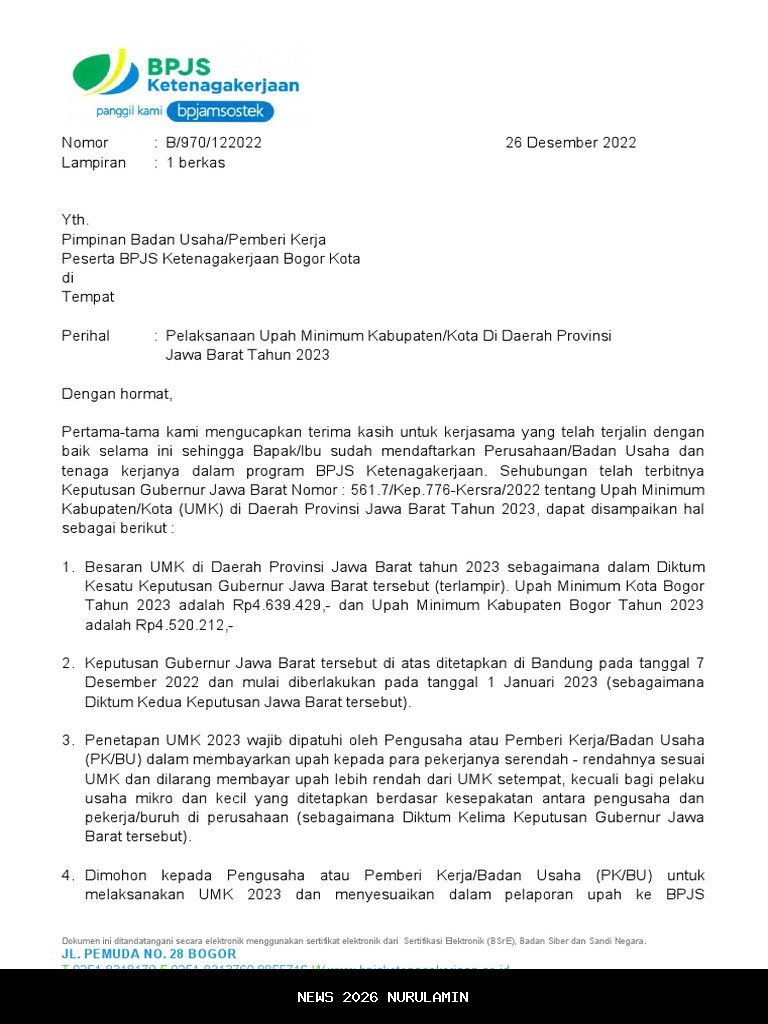 Upah Buruh Jawa Barat 2026 Ditetapkan Gubernur, Ini Besarannya