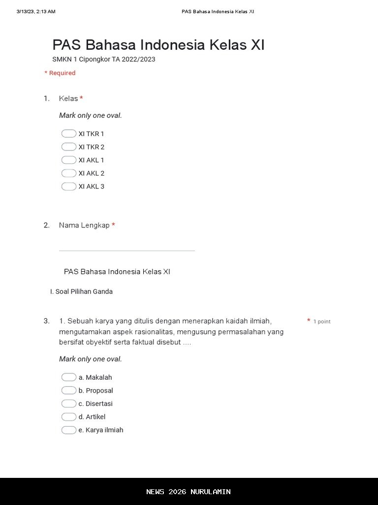 50 Soal PAS Bahasa Indonesia Kelas 11 SMA Semester 2 2025 + Jawaban