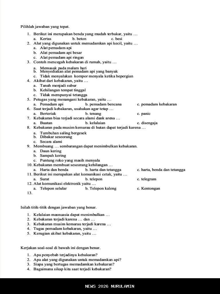 40 Soal dan Jawaban PLBJ Kelas 1 SD Semester 2