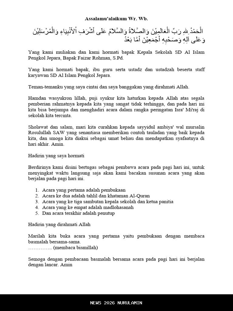 2 Contoh Teks MC dan Susunan Acara Isra Miraj Nabi Muhammad SAW 1447H/2026 yang Praktis