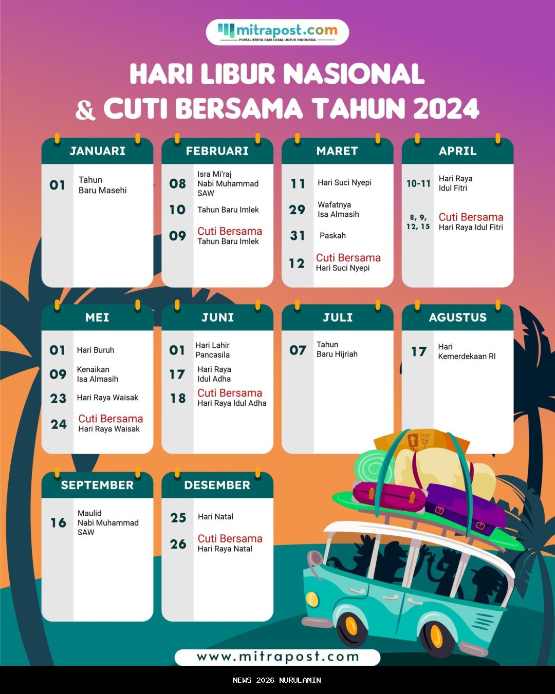 Kalender 2026: 17 Libur Nasional dan 8 Cuti Bersama, Siapkan 9 Akhir Pekan Panjang