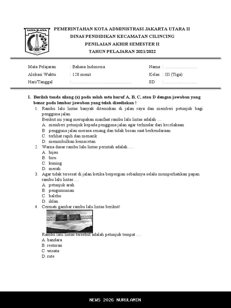 40 Soal PAS Bahasa Indonesia Kelas 3 2025, Kunci Jawaban Semester 1