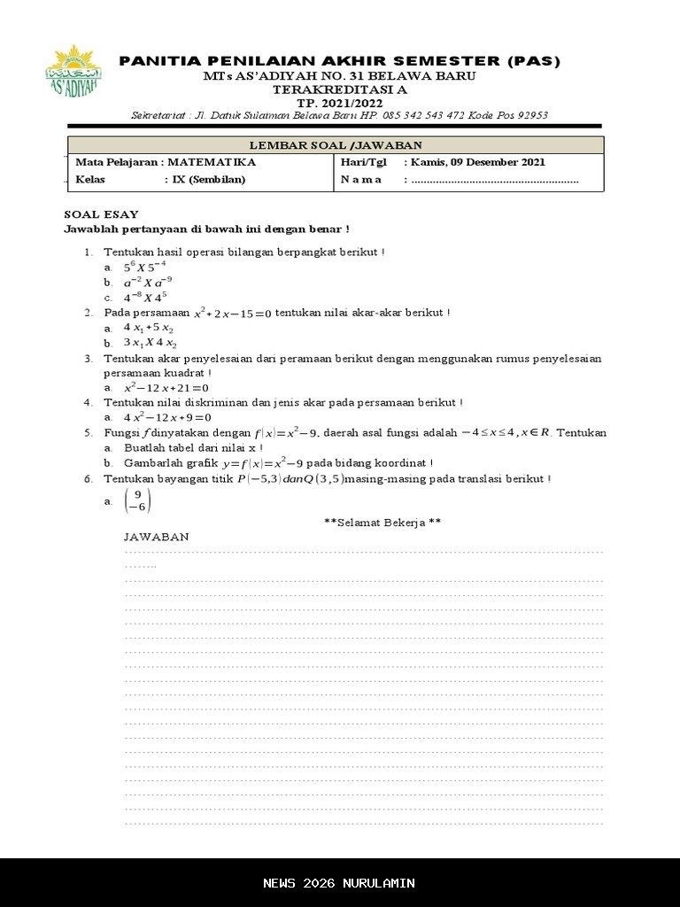 50 Soal PAS Matematika Kelas 9 SMP Semester 1 2025 + Jawaban