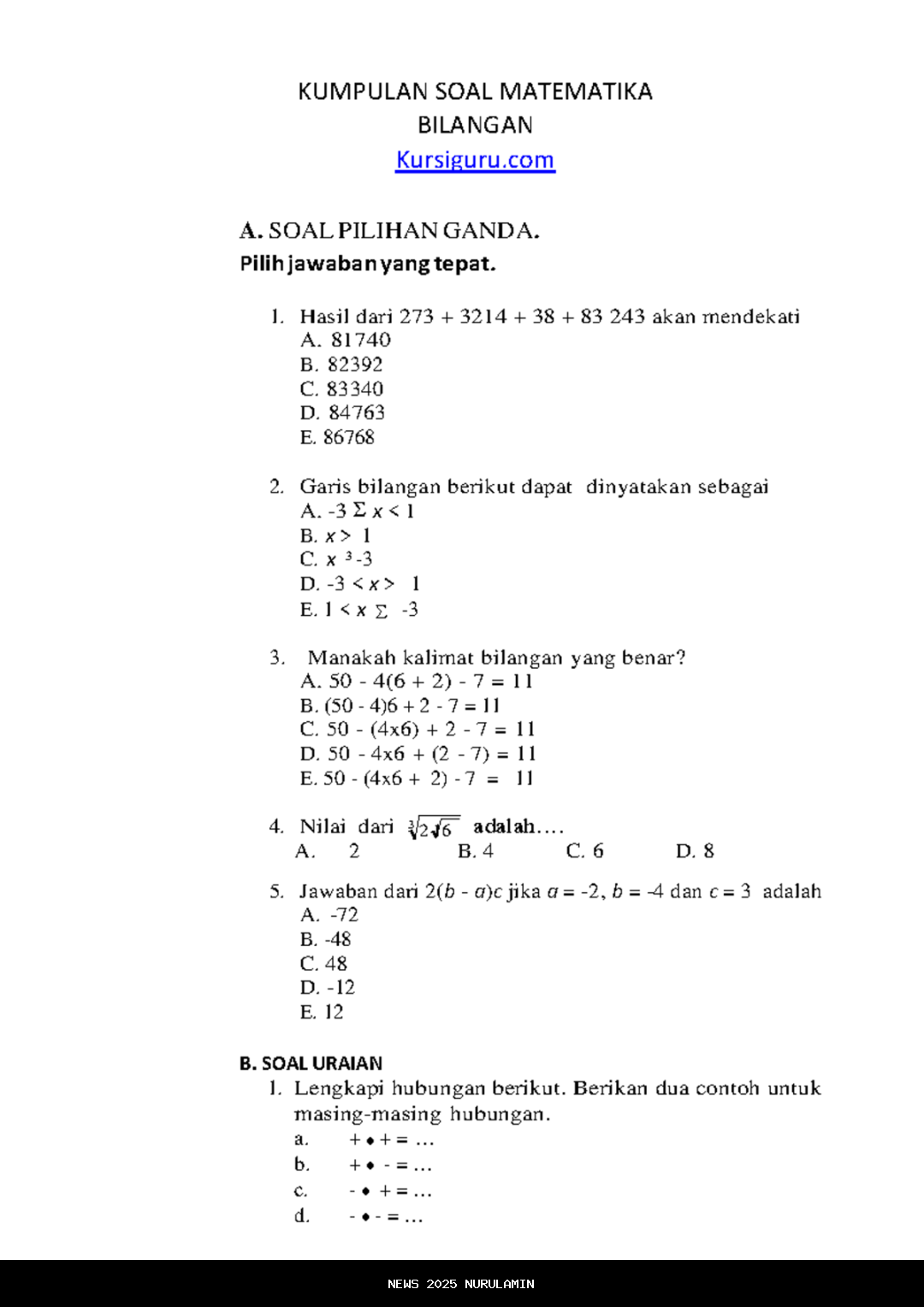 Soal Matematika Pilihan Ganda Kelas 5 Semester 2 2026