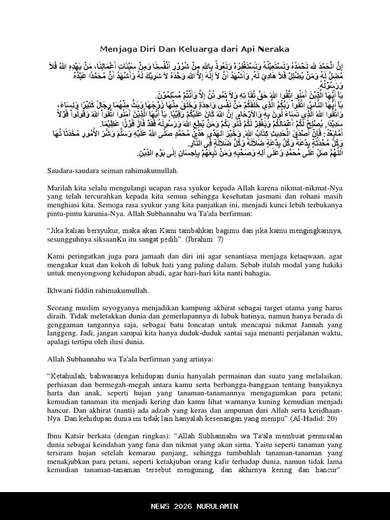 Khutbah Jumat 5 Desember 2025: Perlindungan Diri dan Keluarga dari Api Neraka