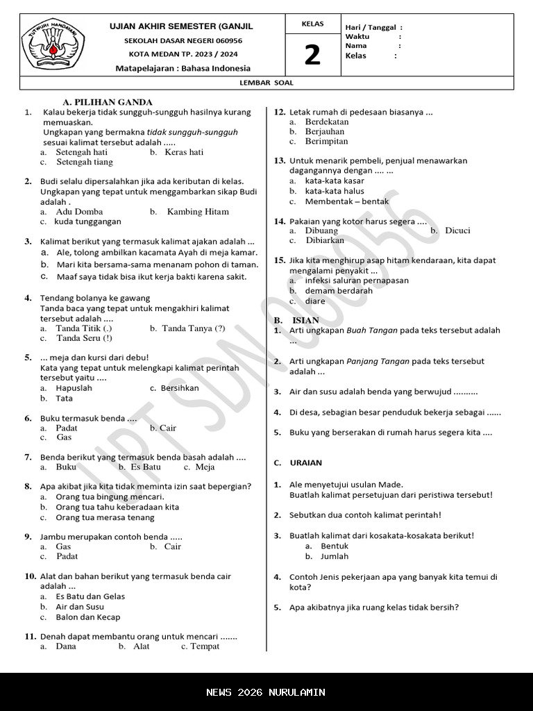 10 Soal PAS Bahasa Indonesia Kelas 2, Siap Hadapi Ujian Akhir Semester